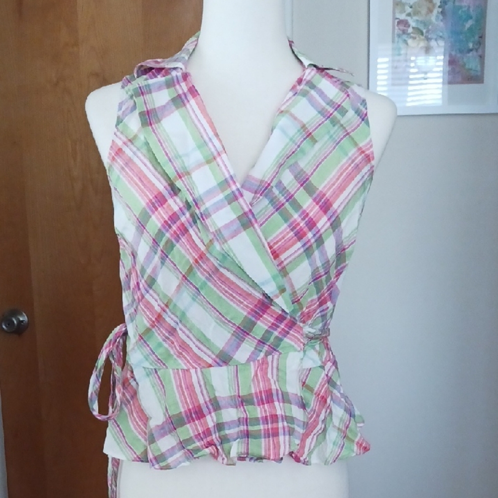Lauren Ralph Lauren Sleeveless Wrap Blouse Top Collared Vneck Green Pink XS